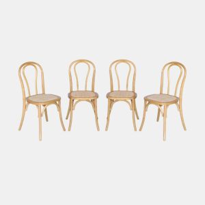 Cadeira vintage de madeira e rattan, set de 4, Bastille, Natural, 48x49.5x90 cm
