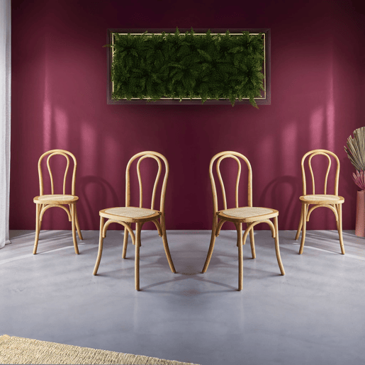 Cadeira vintage de madeira e rattan, set de 4, Bastille, Natural, 48x49.5x90 cm