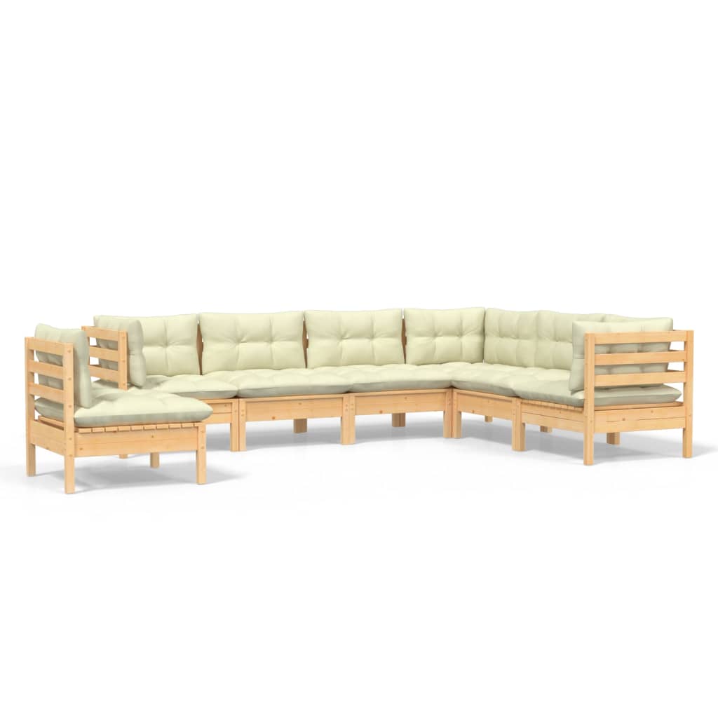 Muebles de jardín 7 pzas y cojines madera maciza de pino crema