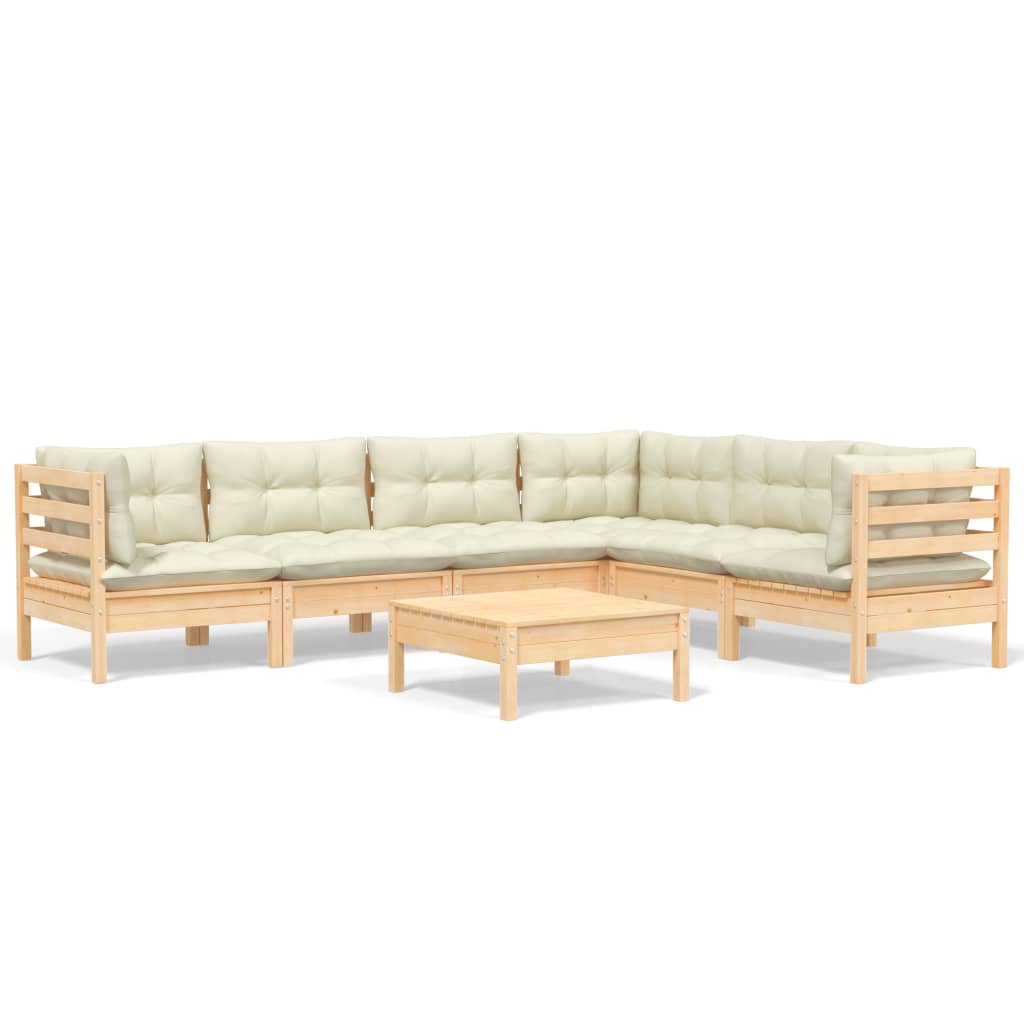 Muebles de jardín 7 pzas y cojines madera maciza de pino crema