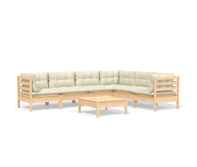 Muebles de jardín 7 pzas y cojines madera maciza de pino crema
