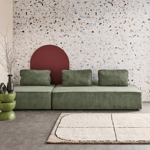 Sofá modular em tecido veludo canelado de 3 lugares, Lao, Verde, 180x90x78 cm