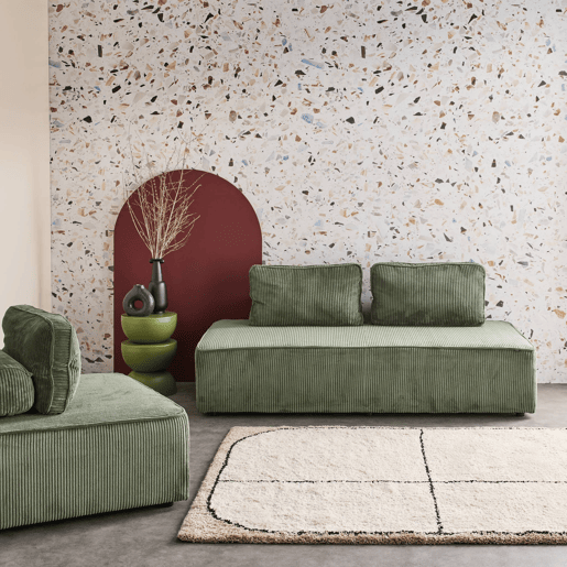 Sofá modular em tecido veludo canelado de 3 lugares, Lao, Verde, 180x90x78 cm