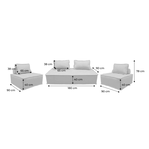 Conjunto de poltronas para sofá modular em tecido estofado, 4 lugares, Dao, Creme, 180x90x78 cm