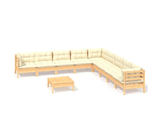 Muebles de jardín 10 pzas y cojines madera maciza de pino crema
