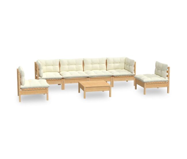 Muebles de jardín 7 pzas y cojines madera maciza de pino crema