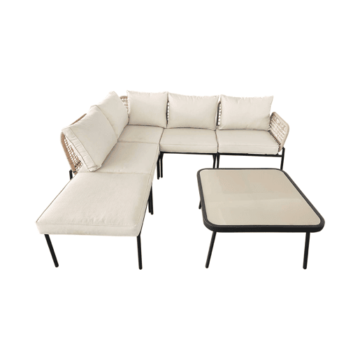 Conjunto de jardim em ângulo de aço e cordas para 5 pessoas, Talia, Beige, 72x72x40 cm