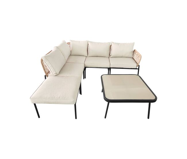 Conjunto de jardín en ángulo de acero y cuerdas, 5 plazas beige - 72x72x40 cm