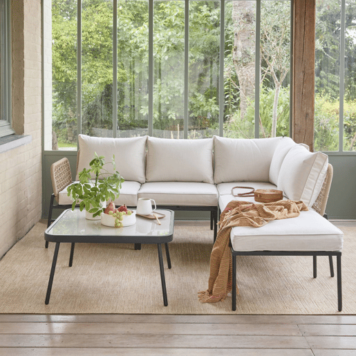Conjunto de jardim em ângulo de aço e cordas para 5 pessoas, Talia, Beige, 72x72x40 cm