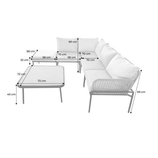 Conjunto de jardim em ângulo de aço e cordas para 5 pessoas, Talia, Beige, 72x72x40 cm