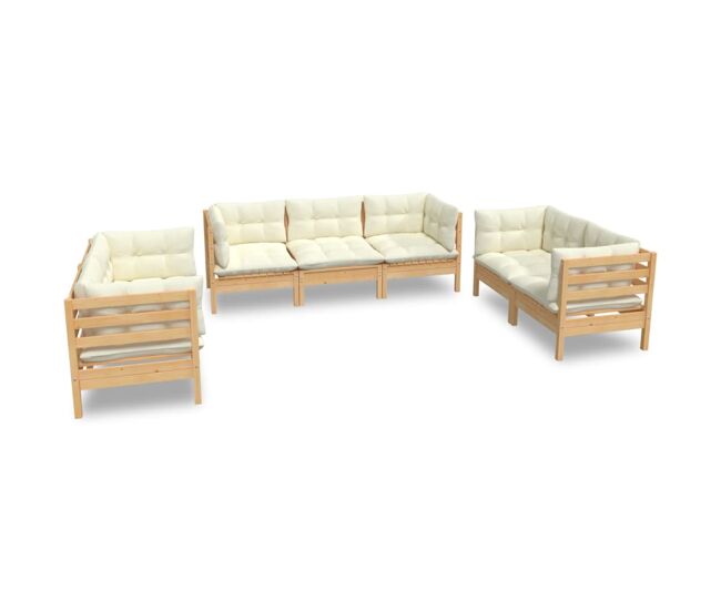 Muebles de jardín 7 pzas y cojines madera maciza de pino crema