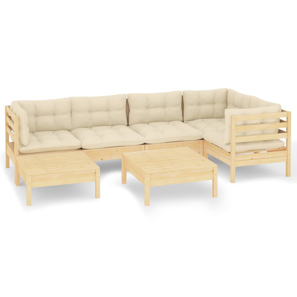 Muebles de jardín 7 pzas y cojines madera maciza de pino crema