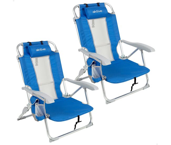 Aktive pack 2 sillas playa plegables y multiposición azul con rejilla