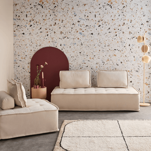 Sofá modular em tecido estofado de 3 lugares, Dao, Creme, 180x90x78 cm