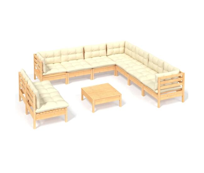 Muebles de jardín 10 pzas y cojines madera maciza de pino crema
