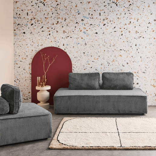 Sofá modular em tecido veludo canelado de 3 lugares, Lao, Cinza escuro, 180x90x78 cm