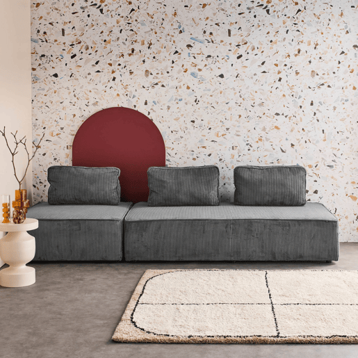 Sofá modular em tecido veludo canelado de 3 lugares, Lao, Cinza escuro, 180x90x78 cm