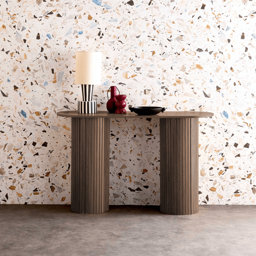 Console escandinava oval com efeito de madeira estriada, Legacy, Madeira de nogueira, 120x35x75 cm