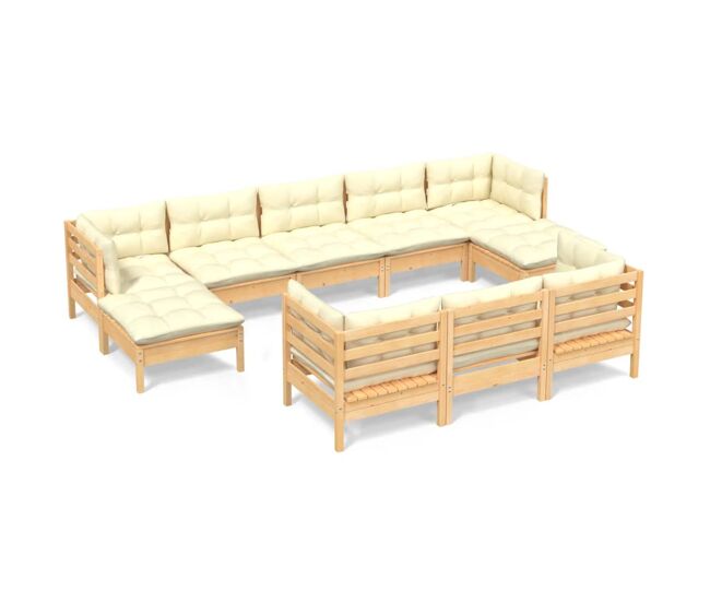 Muebles de jardín 10 pzas y cojines madera maciza de pino crema