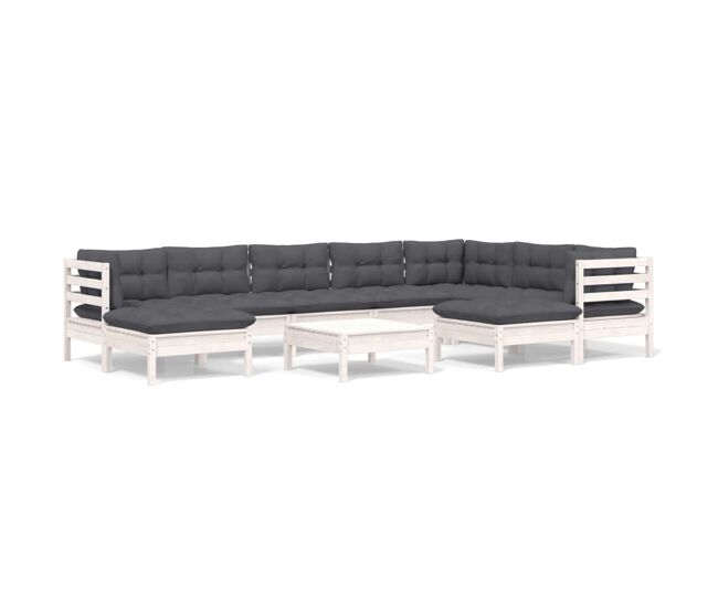 Muebles de jardín 10 pzas con cojines blanco madera maciza pino