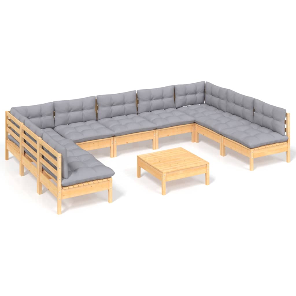 Muebles de jardín 10 pzas y cojines madera maciza de pino