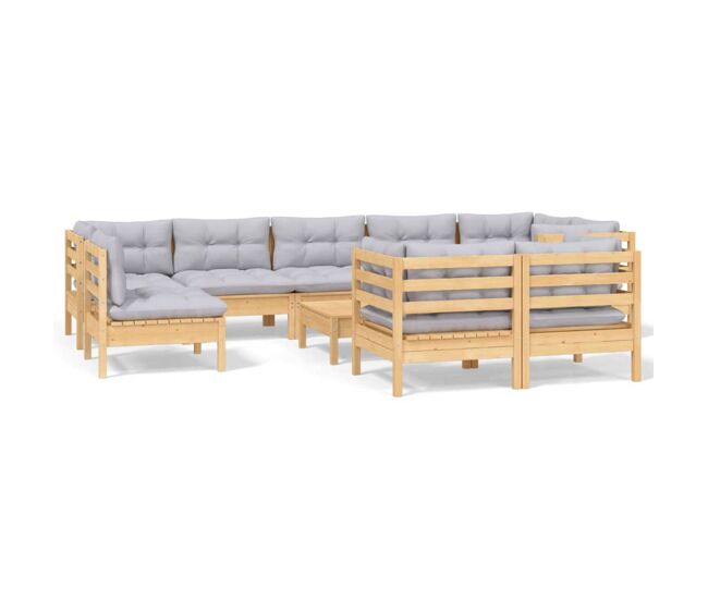 Juego de muebles de jardín 10 pzas y cojines madera maciza pino
