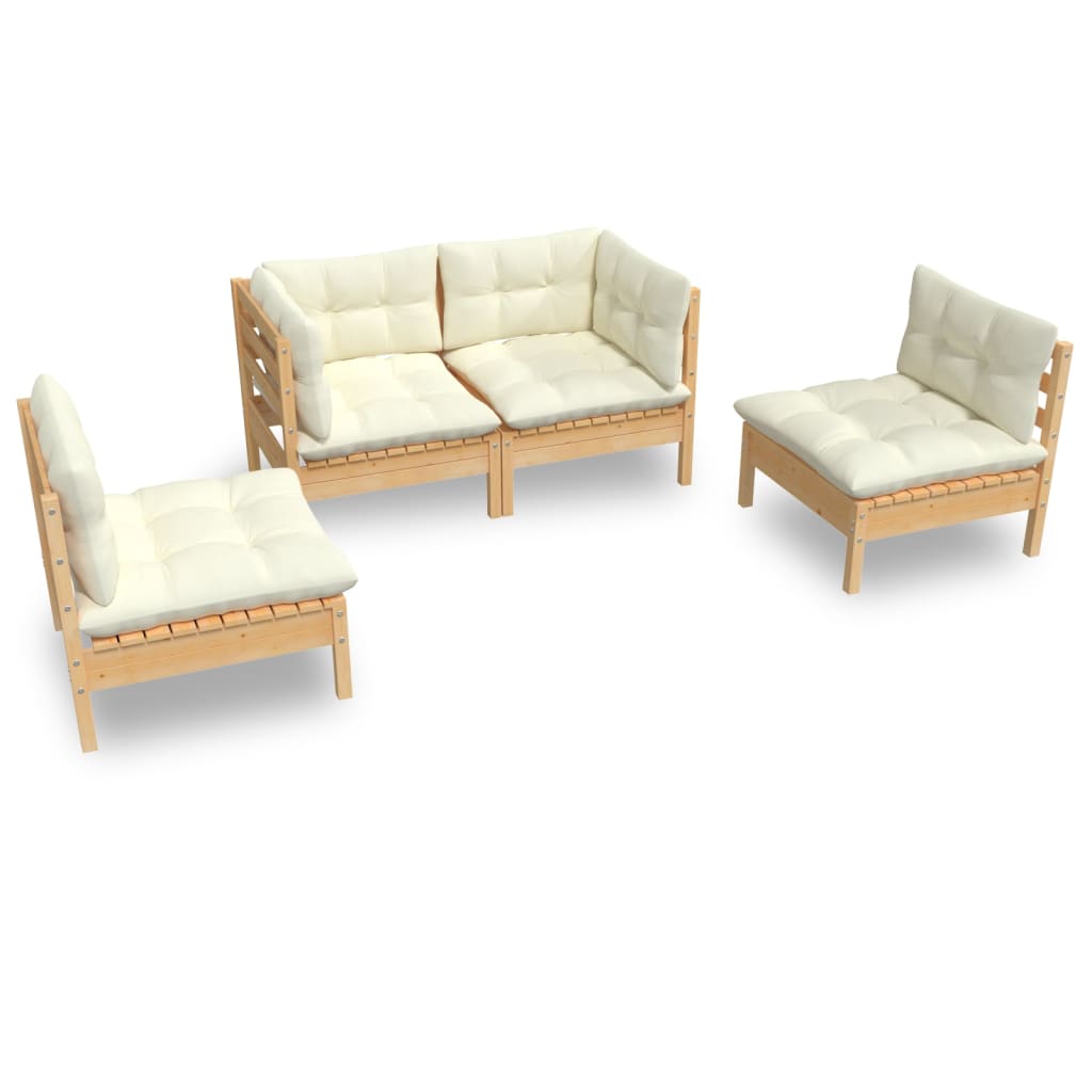 Muebles de jardín 4 pzas y cojines madera maciza de pino crema