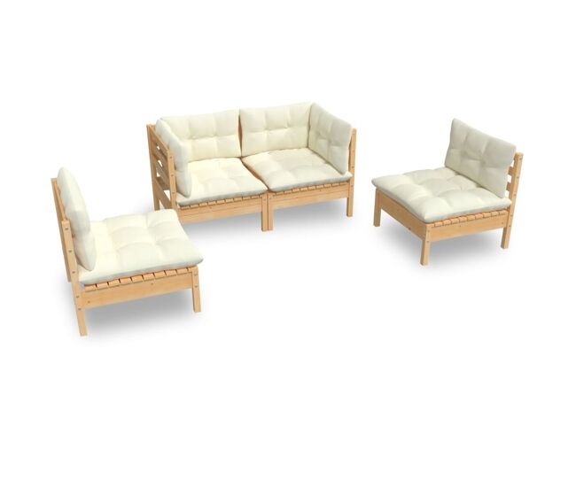 Muebles de jardín 4 pzas y cojines madera maciza de pino crema