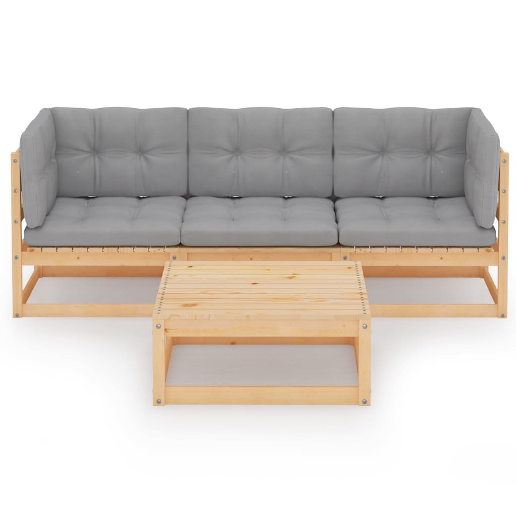 Muebles de jardín 4 piezas con cojines de madera de pino maciza