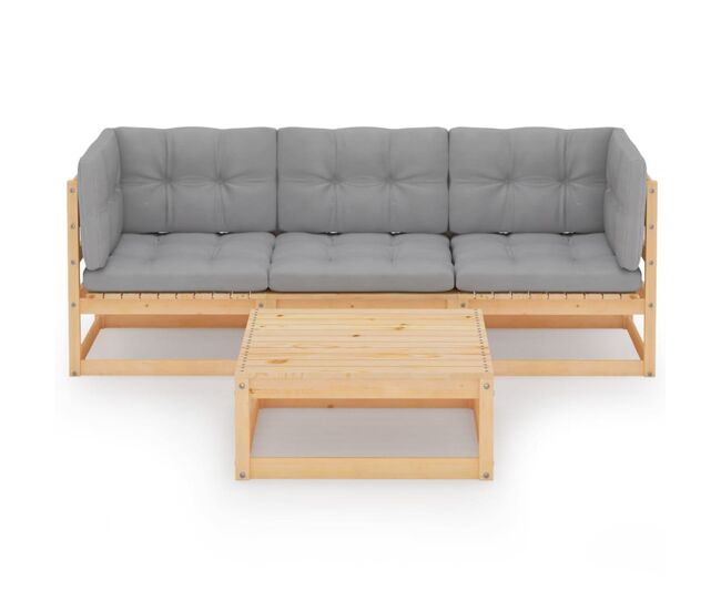 Muebles de jardín 4 piezas con cojines de madera de pino maciza