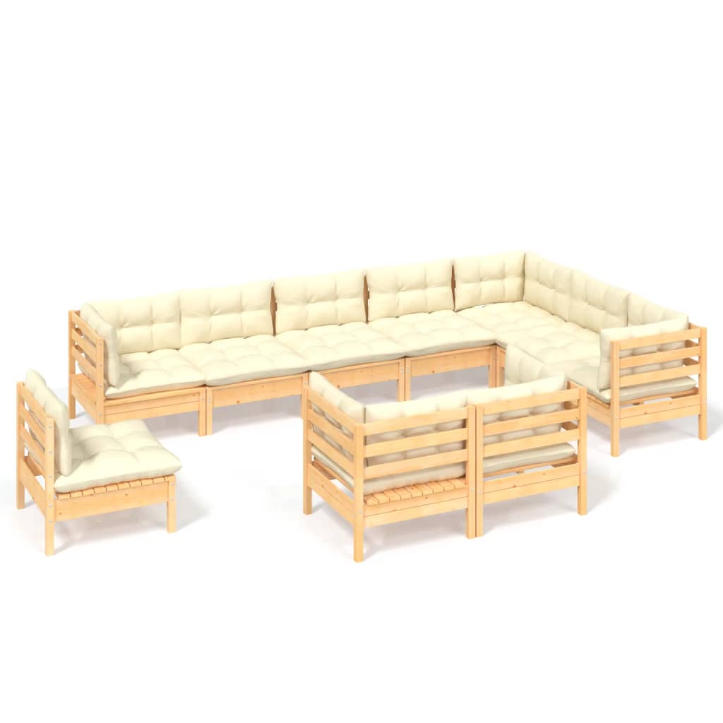 Muebles de jardín 10 pzas y cojines madera maciza de pino crema