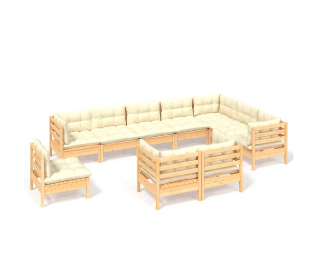 Muebles de jardín 10 pzas y cojines madera maciza de pino crema