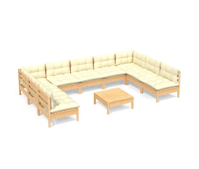 Muebles de jardín 10 pzas y cojines madera maciza de pino crema