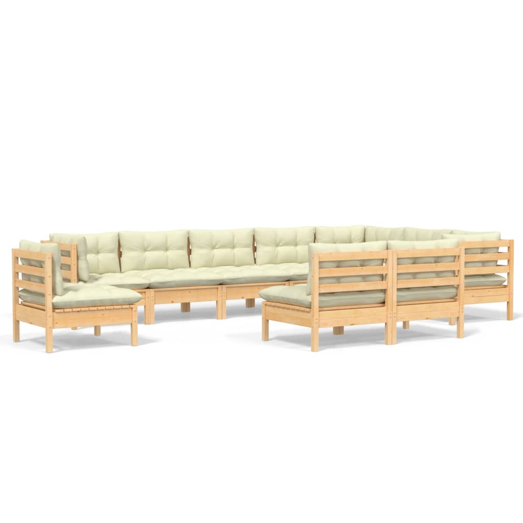 Muebles de jardín 10 pzas y cojines madera maciza de pino crema