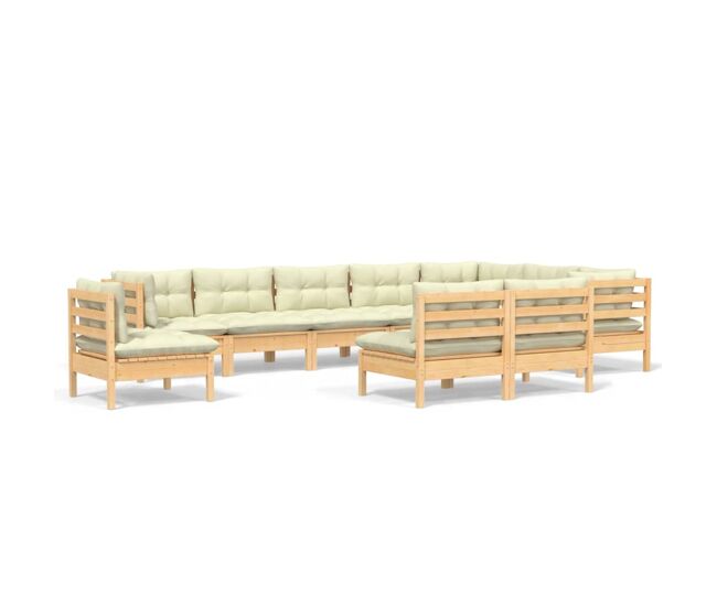 Muebles de jardín 10 pzas y cojines madera maciza de pino crema