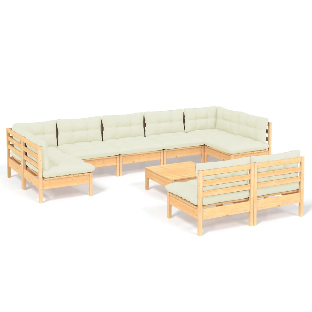 Muebles de jardín 10 pzas y cojines madera maciza de pino crema