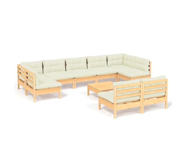 Muebles de jardín 10 pzas y cojines madera maciza de pino crema