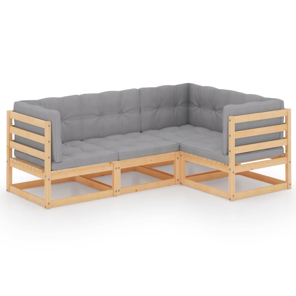 Muebles de jardín 4 piezas con cojines de madera de pino maciza