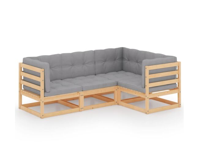 Muebles de jardín 4 piezas con cojines de madera de pino maciza