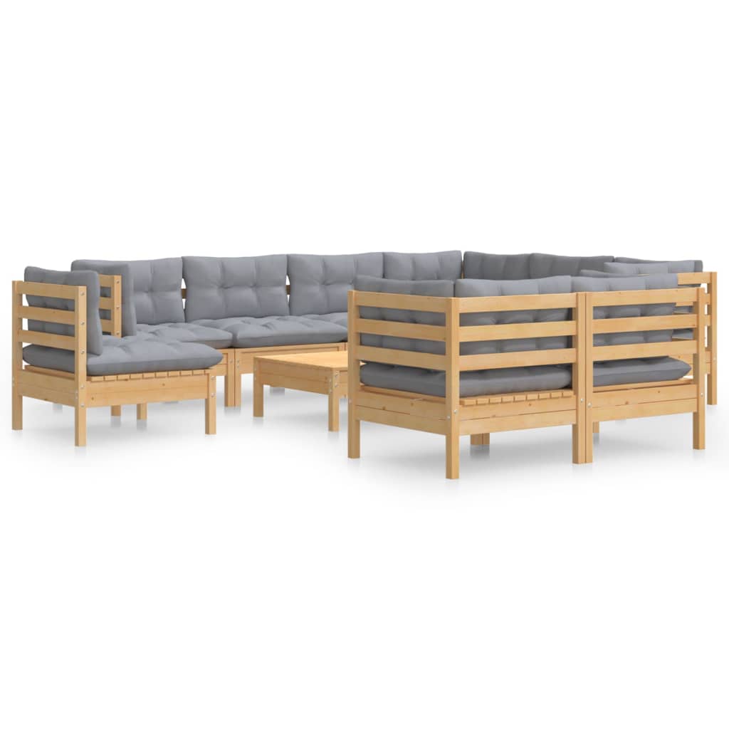 Muebles de jardín 10 pzas y cojines madera maciza de pino