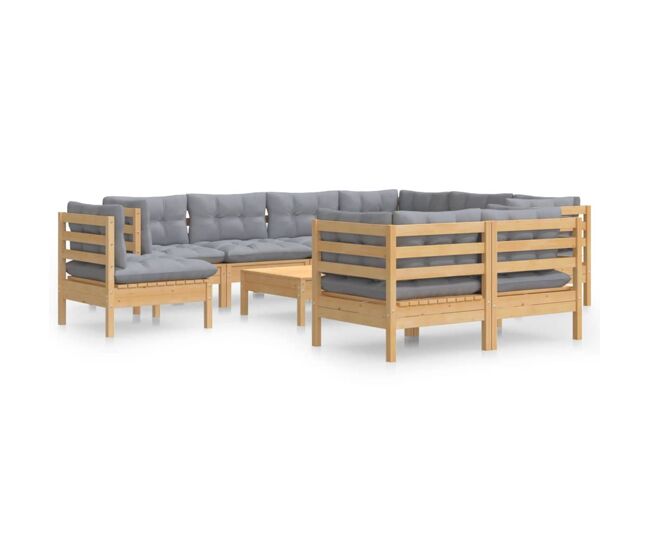 Juego de muebles de jardín 10 pzas y cojines madera maciza pino