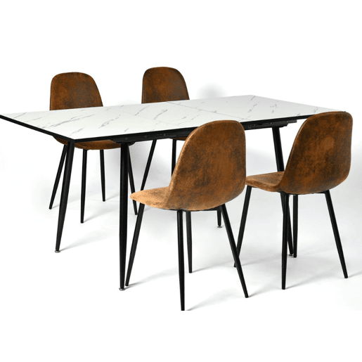 MESA ELÁSTICA WHALEN MÁRMORE BRANCO COM PÉ PRETO + CAMURÇA CHARLTON CASTANHO S FRXZ conjunto de mesa extensível com efeito mármore branco 120-160 e 4 cadeiras estilo escandinavo retro