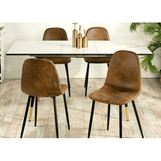 MESA ELÁSTICA WHALEN MÁRMORE BRANCO COM PÉ PRETO + CAMURÇA CHARLTON CASTANHO S FRXZ conjunto de mesa extensível com efeito mármore branco 120-160 e 4 cadeiras estilo escandinavo retro
