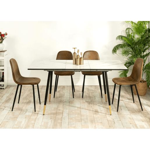 MESA ELÁSTICA WHALEN MÁRMORE BRANCO COM PÉ PRETO + CAMURÇA CHARLTON CASTANHO S FRXZ conjunto de mesa extensível com efeito mármore branco 120-160 e 4 cadeiras estilo escandinavo retro