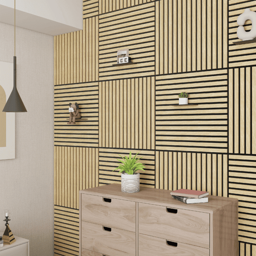 Conjunto de 4 painéis acústicos 3D Vang com lâminas lineares 1,44 m² Carvalho claro NEU.HOLZ