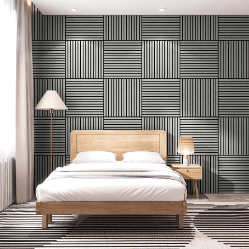 Conjunto de 4 painéis acústicos 3D Vang com lâminas lineares 1,44 m² Carvalho cinzento claro NEU.HOLZ