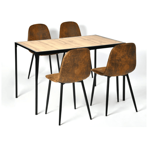 Conjunto de sala de jantar industrial com 1 mesa e 4 cadeiras u2013 tampo com efeito de madeira e cadeiras em camurça castanha