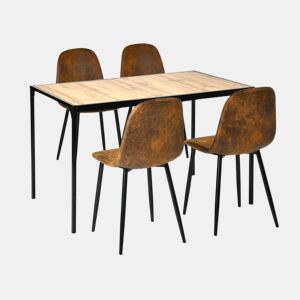 Conjunto de sala de jantar industrial com 1 mesa e 4 cadeiras u2013 tampo com efeito de madeira e cadeiras em camurça castanha