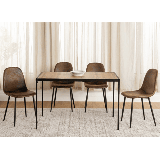 Conjunto de sala de jantar industrial com 1 mesa e 4 cadeiras u2013 tampo com efeito de madeira e cadeiras em camurça castanha