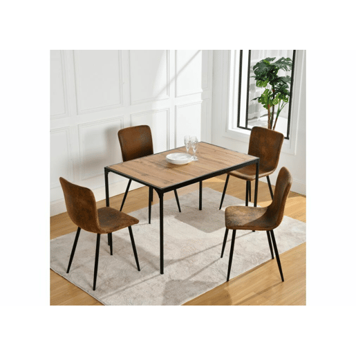 Conjunto de sala de jantar industrial com 1 mesa e 4 cadeiras u2013 tampo com efeito de madeira e cadeiras em camurça castanha